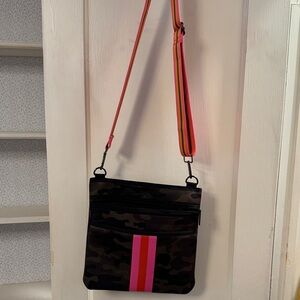 HAUTE SHORE Camouflage Crossbody Bag with Pink and Orange Stripe